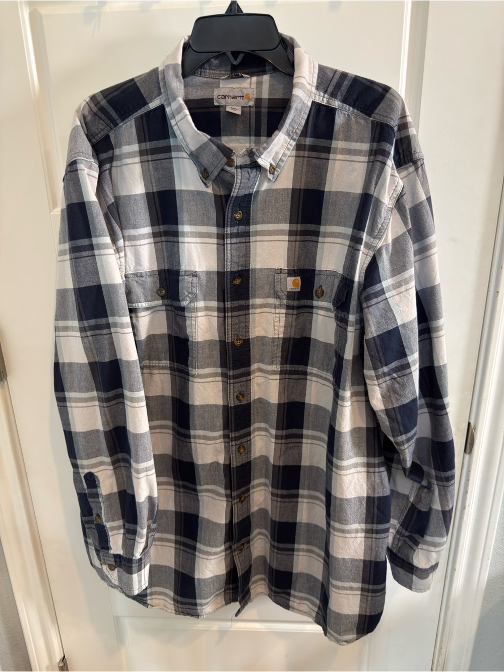 Carhartt Men’s Navy and White Plaid Button-Down Work Shirt